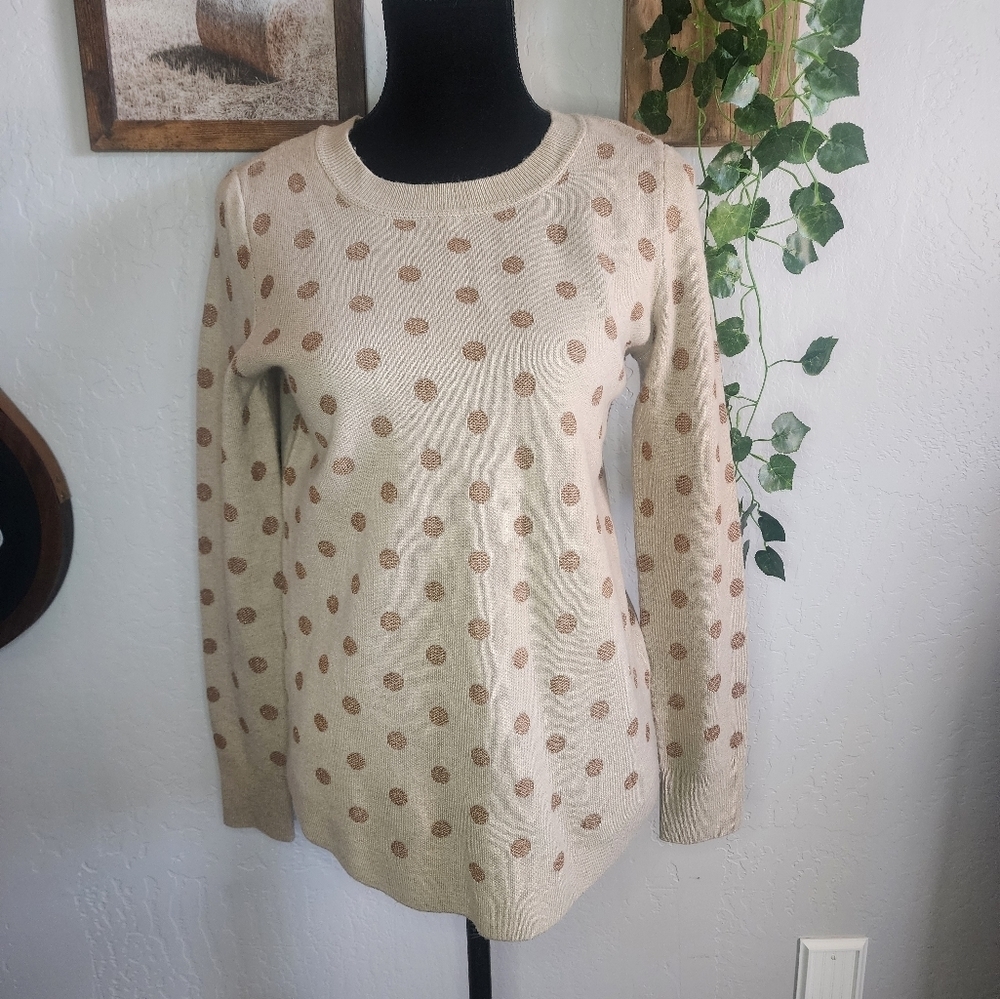 LOFT Polka Dot Tan Metallic Wool Blend Crewneck Sweater Size Small